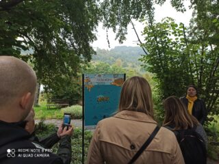 Grupa osób stoi pośród drzew i patrzy na tabliczkę z opisem budowy pszczoły miodnej.
