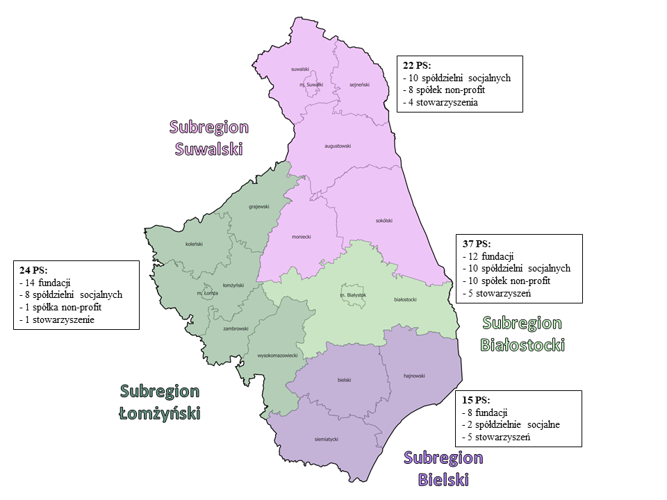 Mapa subregionów województwa podlaskiego z zaznaczonymi przedsiębiorstwami społecznymi.