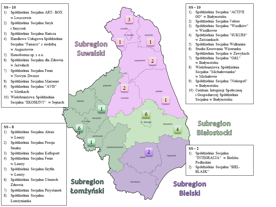 Mapa subregionów województwa podlaskiego z zaznaczonymi spółdzielniami socjalnymi.