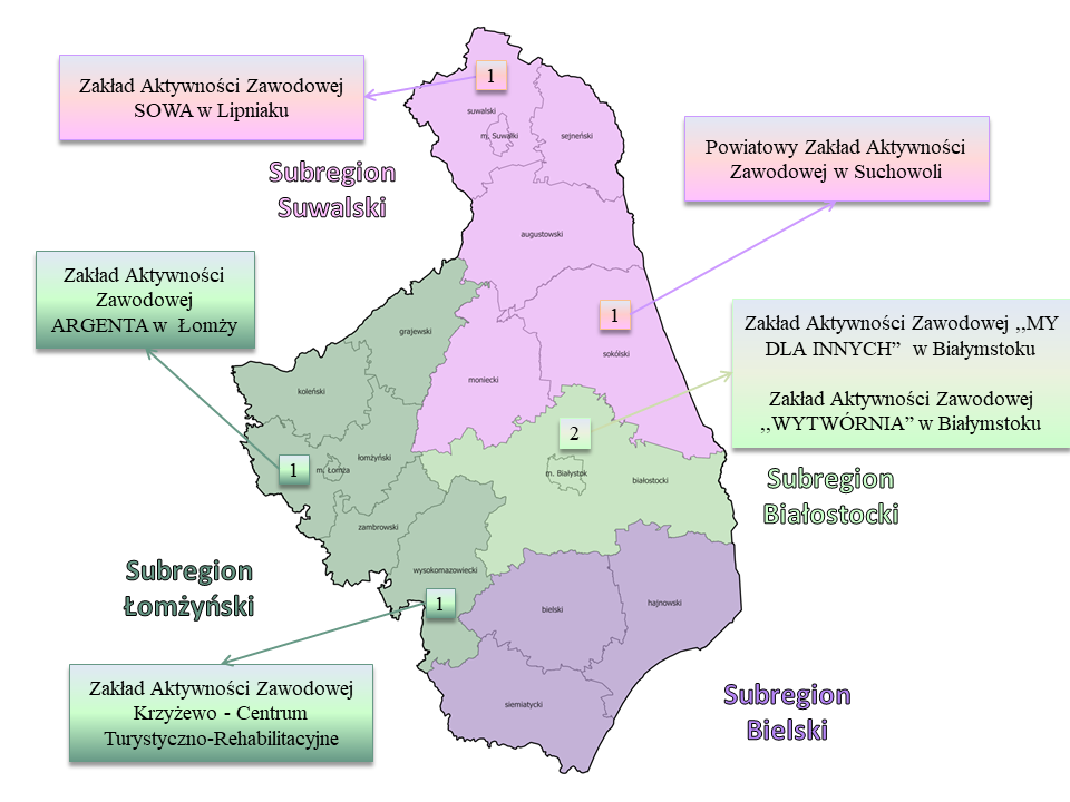 Mapa subregionów województwa podlaskiego z zaznaczonymi zakładami aktywności zawodowej.