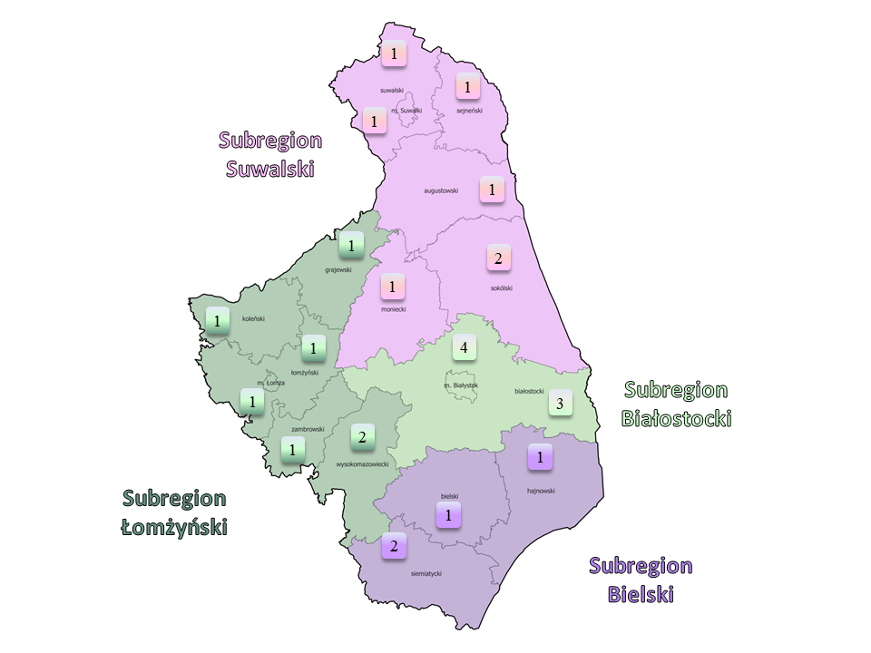 Mapa subregionów województwa podlaskiego z zaznaczonymi warsztatami terapii zajęciowej.