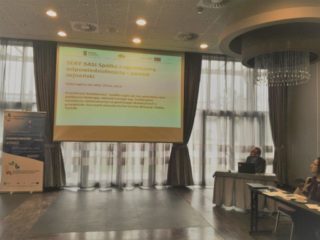 Ekran projekcyjny wiszący pod sufitem dużej sali na którym jest wyświetlona prezentacja. Obok siedzi osoba prowadząca.