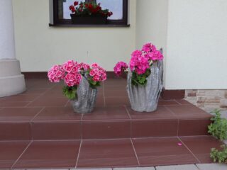 Dwie nietypowe donice z różowymi kwiatami które stoją na stopniu przy budynku.