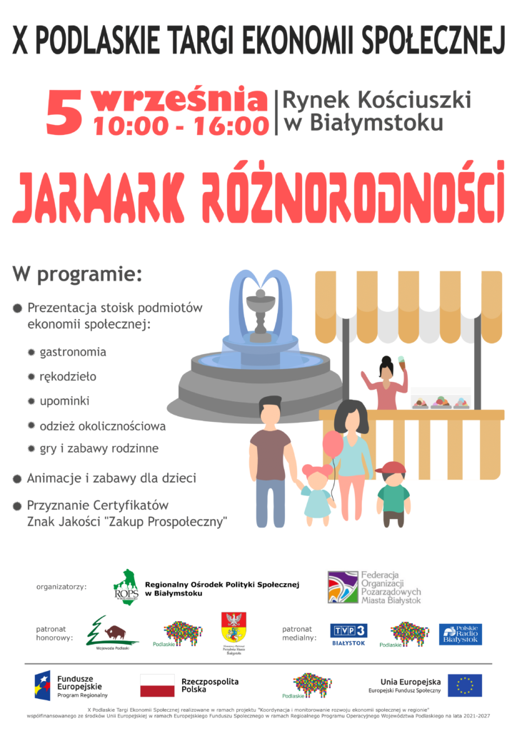 Plakat promujący 10 Podlaskie Targi Ekonomii Społecznej pod nazwą "Jarmark Różnorodności"