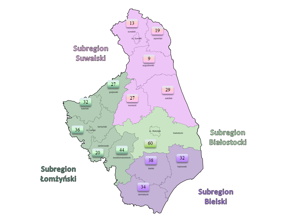 Mapa subregionów województwa podlaskiego z zaznaczonymi kołami gospodyń wiejskich.