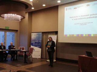 Spotkanie Regionalnego Komitetu Ekonomii Społecznej w hotelu 3 Trio. Kobieta stoi na tle wyświetlonej prezentacji i przemawia do uczestników którzy siedzą wokół przy łączonych stołach.