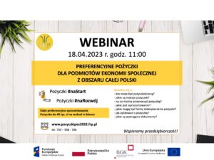 Baner FRP Suwałki - Webinar o Preferencyjnych Pożyczkach dla Podmiotów Ekonomii Społecznej z obszaru całej Polski w dniu 18.04.2023 roku, godzina 11:00.